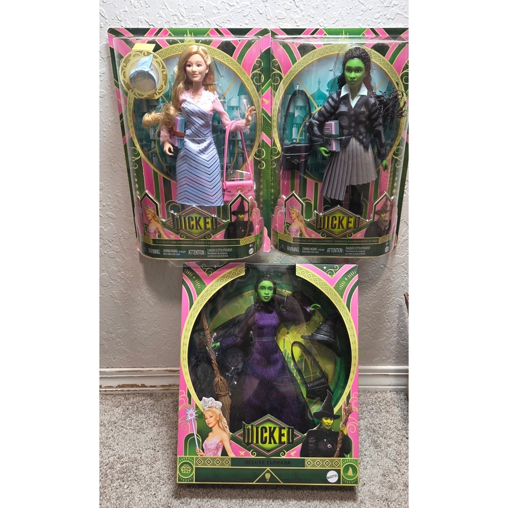 Wicked Doll Lot Glinda &‎ Elphaba at Shiz + Deluxe Elphaba Mattel URL Misprint